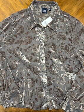 NWT GAP Burnout Velvet Floral Button Up Blouse Womens Large Sheer Long Sleeve